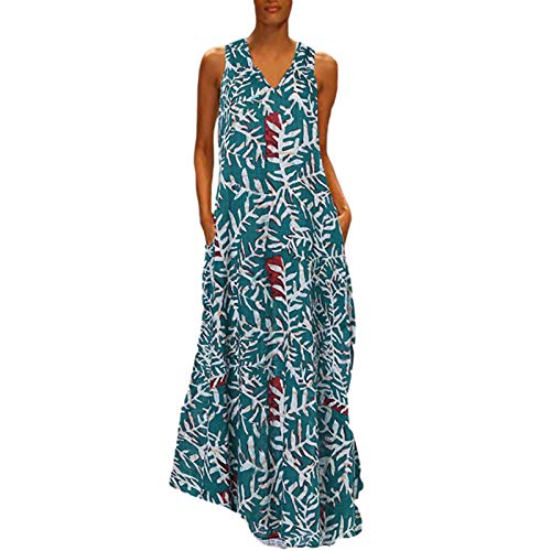 GOODTRADE8 Summer Dresses Maxi Dress Fashion Women V-Neck Sleeveless Casual Floral Printed Maxi Dress Green