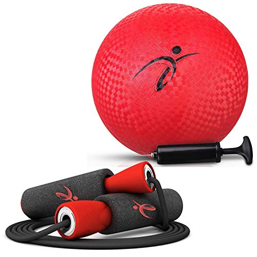 Fitness Factor Playground Kickball with Air Pump and Adjustable Jump Rope with Carrying Pouch for Men and Women
