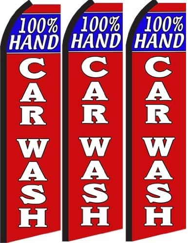 100% Hand Car Wash Standard Size Swooper Feather Flag Sign Pk of 3 (11.5x 2.5 Feet)