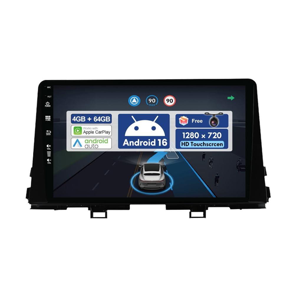 Android 16 IPS Autoradio pour KIA Morning Picanto (2017-2020) - 4G+64G - sans Fil Carplay + Android Auto - Caméra arrière GRATUITES - 2 Din 9 Pouce Dab Volant WLAN 4G Fast-Boot Split-Screen