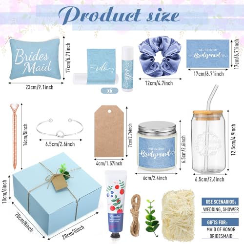 Meanplan 14 Pcs Bridesmaid Proposal Gifts Set, Will You Be My Bridesmaid Gifts with Proposal Box Glass Cup Makeup Bag Cards Lip Balm Hand Cream Candle Scrunchie Bracelet Diamond Pen for Wedding(Blue)2