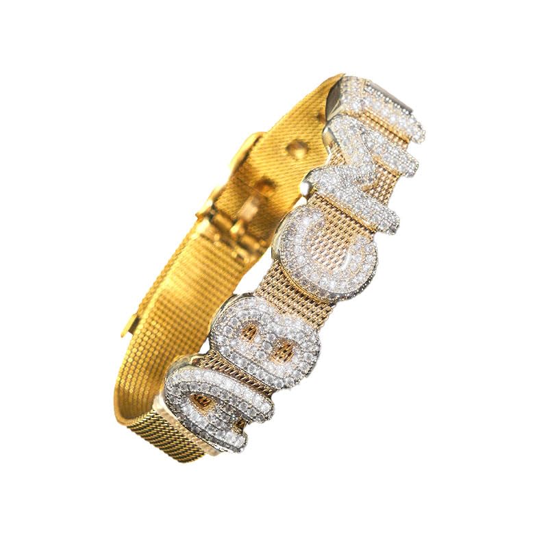 JINMA Custom Name Bracelet for Women Men – Iced Out Bling CZ Letter Charms Plated Adjustable Mesh Bracelet – Personalized Hip Hop Jewelry Gift