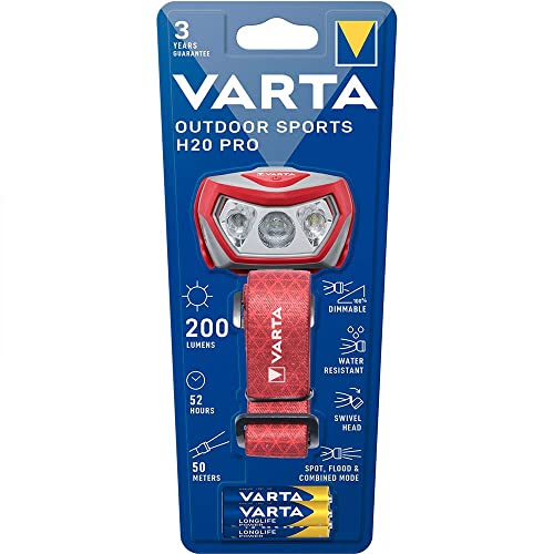 VARTA Lampe Frontale LED incl. 3x piles AAA, Outdoor Sports H20 Pro, torche frontale, trois modes d'éclairage, étanche aux éclaboussures, dimmable, à tête...