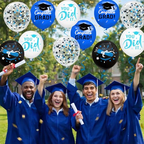 Image of Graduation Decorations 2026 - Graduation Balloons 62pcs 12 Inch Blue Black White Grad Print Latex Confetti Balloons for College High School Class of 2026 Congrats Grad Party Decor Supplies (Ribbon)