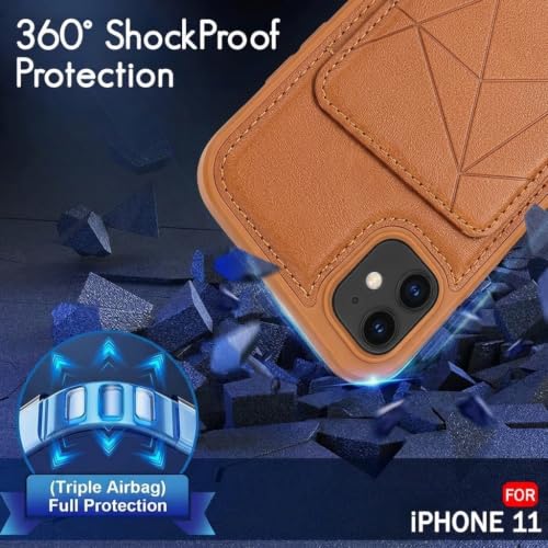 Image of amazon basics Premium Vegan Leather Back Cover with Card Holder and Integrated Mobile Stand for iPhone 11 - Slim Shockproof Wallet Case with Geometric Stitching [Tan]