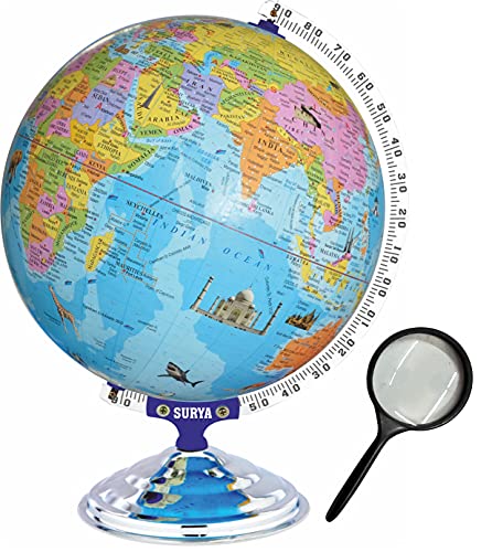 Image of Globe for Kids /Students 16 inch Height 12 inch diameter with monuments Mittal Educational World Maps with 75mm Magnifying Glass for Kids /Office /Political Globes for Students Desk & Table Top
