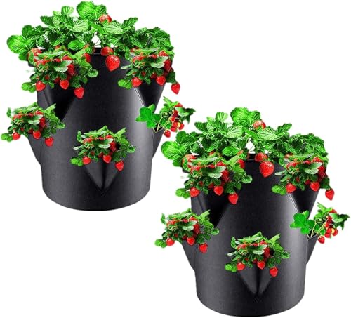 Foxananyn 2 piezas fresadoras de altura | maceta de fresas de planta permeables y transpirables con 6 agujeros | Bolsa de plantación para fresas | Contenedores de tela no tejida para frutas vegetales