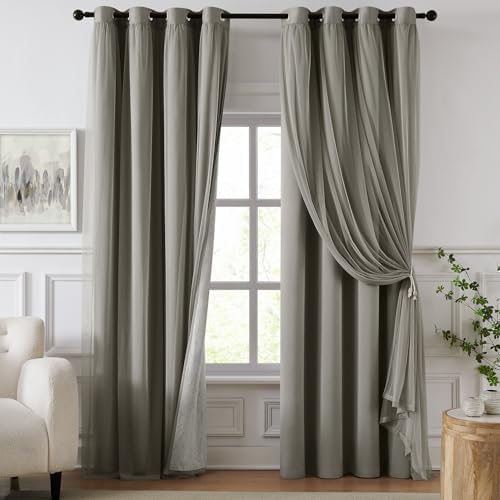 100% Blackout Curtains for Bedroom, Double Layer Grey Curtains, Black Out Curtain 84 inch Long with Sheer Overlay for Living Room, Room Darkening Window Drapes with Grommet, 52