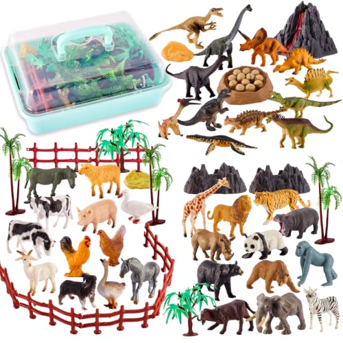 TOEY PLAY 3 em 1 Figuras de Animais, Animais de Quinta, Animais do Zoológico, Brinquedos de Dinossauros, 56PCS Animais de Brinquedo com Estojo Portátil para Meninos e Meninas de 3 4 5 6 anos.