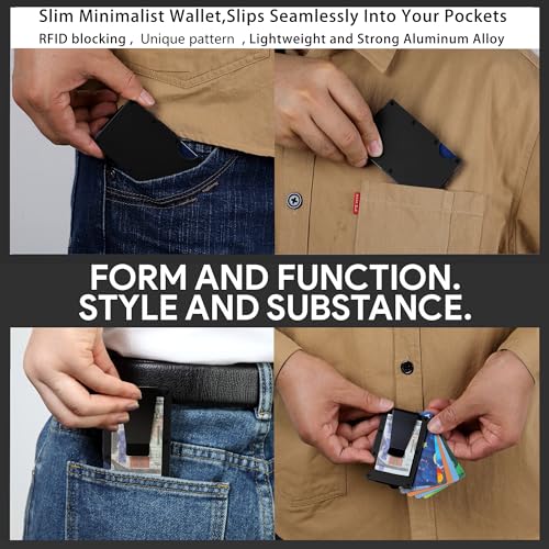 Image of Minimalist Carbon Fiber Wallet for Men, Money Clip Cash Strap Wallet, RFID Blocking Metal Wallet Aluminum Card Holder,Front Pocket Wallet(Matte Black)