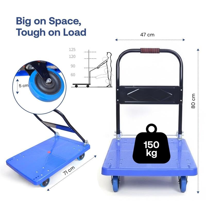 Image of BonKaso 300Kg Heavy-Duty Foldable Platform Trolley | Plastic Hand Truck with 4 Wheels & Cushioned Grip Handle | Durable Material Cart for Home, Office, Warehouse & Industrial Use (90x60x86cm, Blue)