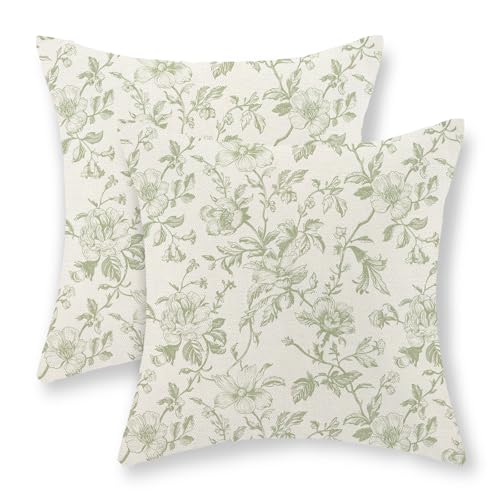 JEFERSO Sage Green Floral Pillow Covers 18x18 Set of 2 Light Green Chinoiserie Floral...