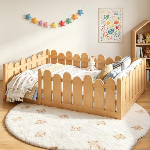 Image of Bellemave Full Size Kids Montessori Floor Bed,Floor Bed Frame with Rounded Safety Guardrail,Solid Wood Montessori Bed for Girls Boys,Natural