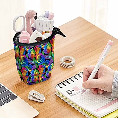 Image of Swono Roses Pencil Case Multicolored Rainbow Standing Pencil Case Pencil Holder Pencil Pouch Cosmetics Pouch Makeup Office Bag Black