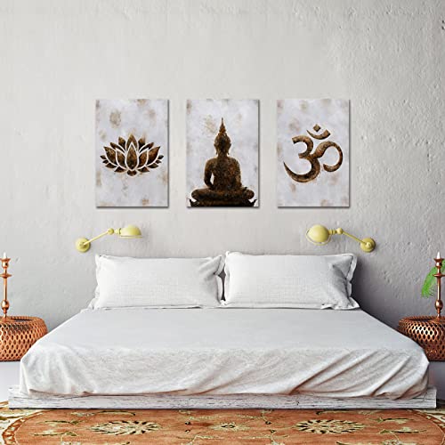 3 Panels Rustic Wall Art Buddha Paintings Vintage Lotus Flower Prints Gold And Gray Zen Home Decor Framed Artwork For Yoga Spa Living Room Bedroom 16X24 Inch #TOP3