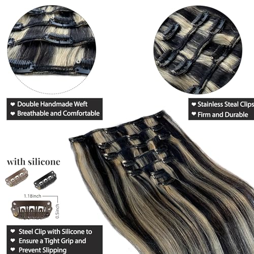 Image of Belaved Clip in Hair Extensions Full Head 14 Inch 70g Natural Black Mix Blonde Highlights Clip in Hair Extensions Real Human Hair for Women 7pcs Double Weft Straight