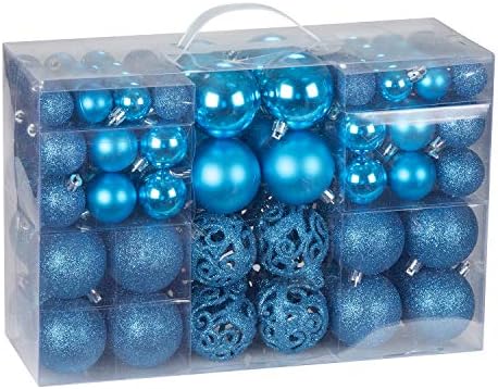 Bravich 100 Pieces Shatterproof Baubles Set. Christmas Tree Decorations Ornament Balls With Hooks & String Hanging. Home Decor 3,4 & 6 CM Baubles-Matt, Shiny & Glitter Finish-Ice Blue