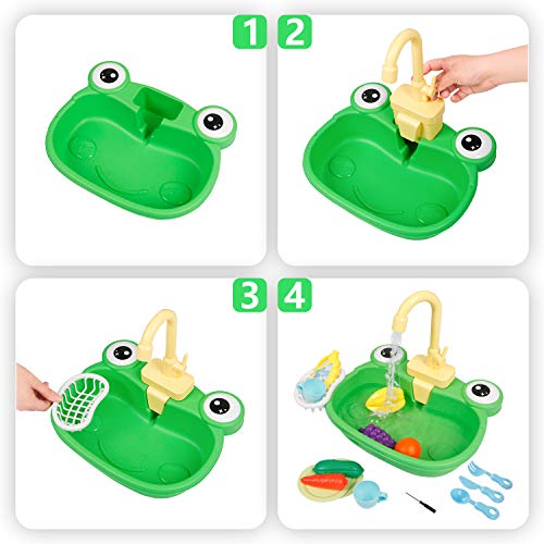 Ruibytree Play Kitchen Sink Toy, Water Toys for Kids with Electronic Dishwasher, Pretend Play Utensils Accessories and Play Cutting Food for Boys and Girls (Cute Frog) - Thumbnail 6
