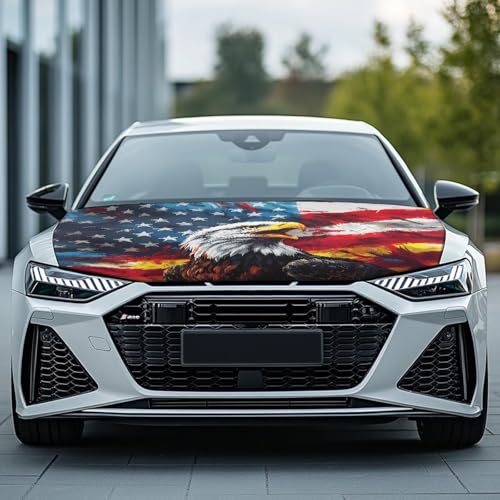 Image of Car Hood Cover Protector,Summer Car Hood Wrap Blanket,Automotive Exterior Accessories for Most Sedan Small SUV Truck Eagle American Flag Print Design