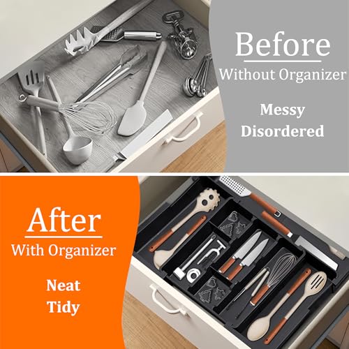 Large Utensil Drawer Organizer Expandable Silverware Organizer for Kitchen Drawer Adjustable Cooking Utensil Holder Cutlery Flatware Tray Spatula Tools Gadgets Storage Dividers Plastic Black