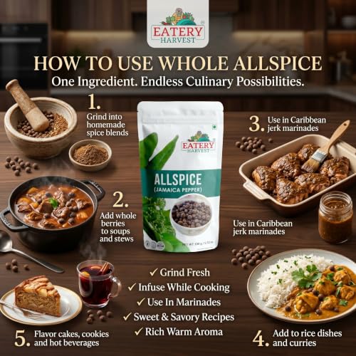 Image of EATERY HARVEST by Saipro Whole Allspice 100 gm, Allspice has flavor of all spices like Clove, Cinnamon, Nutmeg, Mace, Black pepper, best for Caribbean cuisine| Shital Chini| Kabab Chini | Piper Cubeba Linn Cubeb Berries Jamaica Pepper For Seasoning Vegetables, Fruits