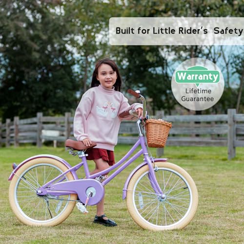 Image of Glerc Little Molly 12-20 Inch Kids Retro Cruiser Bike for 2-13 Year Old with Wicker Basket & Training Wheels /Kickstand, Multiple Colors