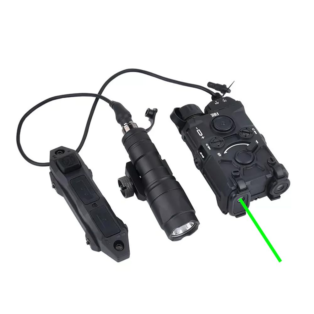 Nylon 0G Box Aiming Laser Sights(with IR + Red/Green/Blue Laser + White Flashlight),& M300A Strong LED Flashlight,& Modular Dual Wire Remote Pressure Switch(SF+Crane Plug) Combo,Black (Green Laser)