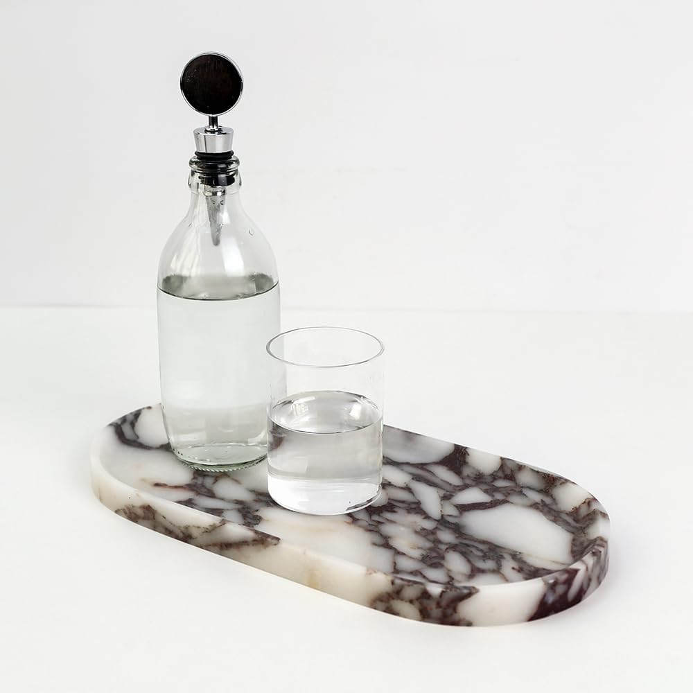 Real Marble Tray for Bathroom, Oval Marble Vanity Tray for Perfume Jewelry Towel, Canisters Tray for Countertop, Natural Stone Organizer Easter Gift (Calacatta Viola 11.8" x 5.9")