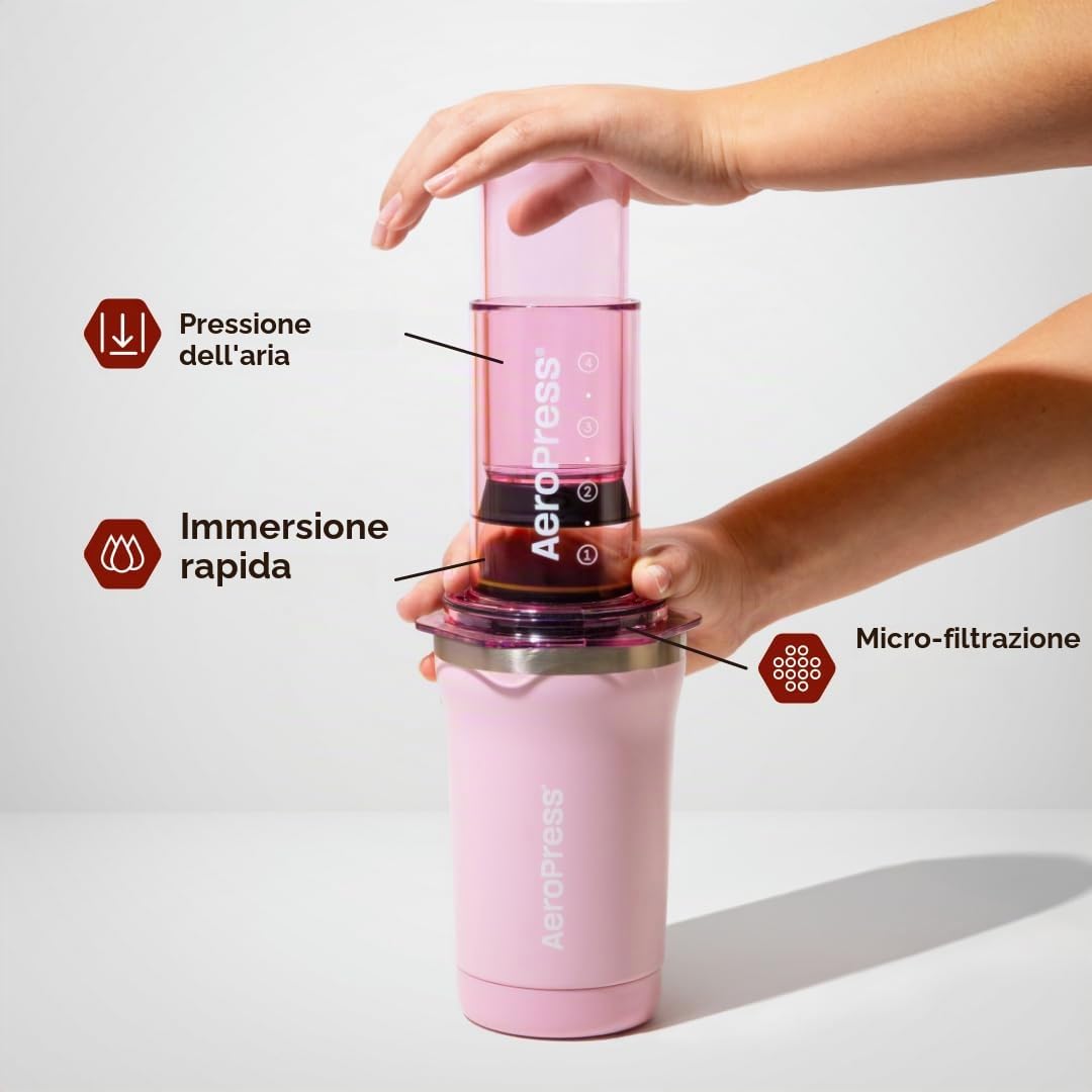 AeroPress Go Plus, piccola caffettiera portatile per viaggi e campeggio – Metodo di preparazione 3-in-1 combina pressa francese, versato, espresso, caffè corposo senza amaro (Rosa)