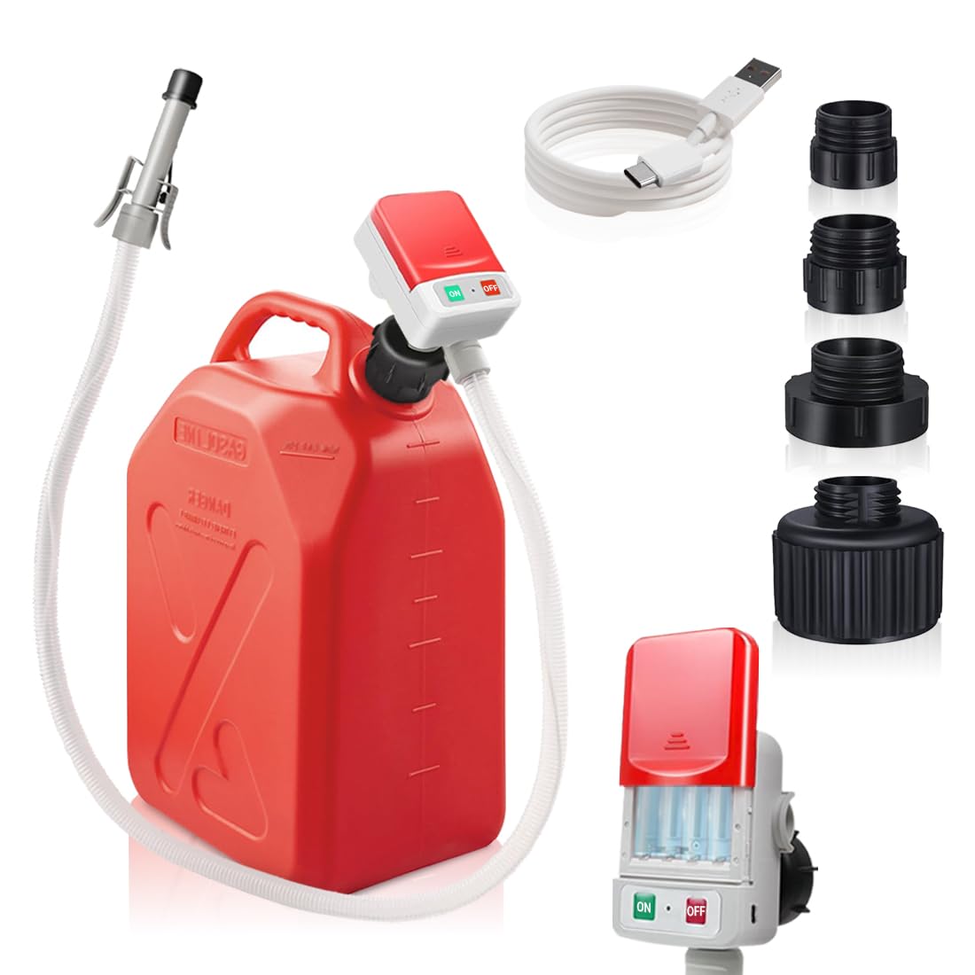 HiNADA Auto-Stop Fuel Transfer Pump, Portable Gas Can Pump - USB Type-C or Battery Powered, 3.2 GPM with 51'' Extra Long Hose, 4 Can Adapters & Leak