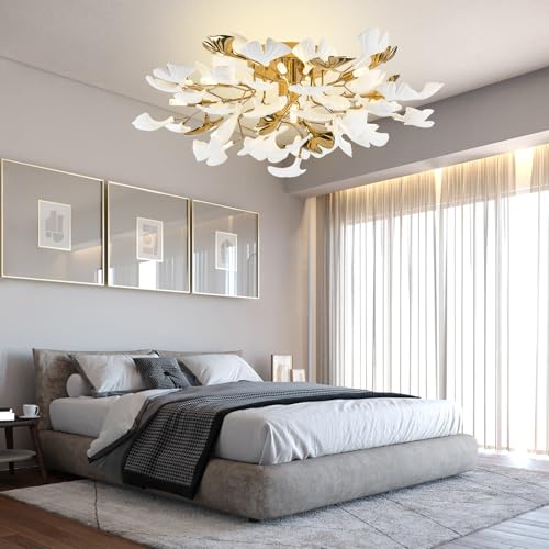 Image of Tree Branch Chandelier Ceiling Light, Modern Gold Ceramic Ginkgo Leaf Chandeliers Brass Flush Mount Chandelier Light Fixture for Kitchen Living Room Dining Room, 31.5 inch Ceiling Light Fixture