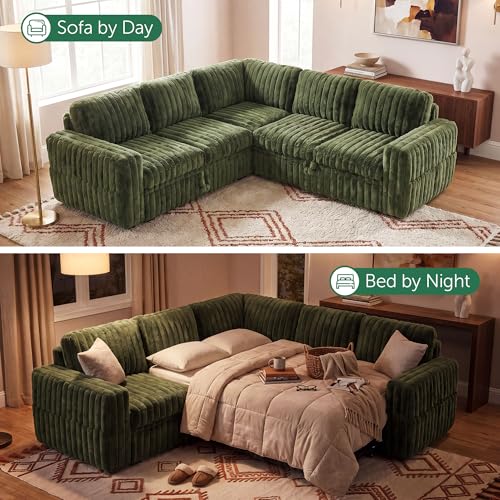 Image of HONBAY Plush Corduroy Modular Sectional Sofa with Pull Out Bed, Convertible L Shaped Couch with Storage,Sleeper Sectional Couches for Living Room,Plush Green