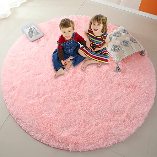 Pink Round Rug 180cm for Girls Bedroom Fluffy Circle Ru g for Kids Roo m Shaggy Circular R ug for Teen Girls R oom Furry Carpet for Nursery Ro om Fuzzy Plush Rugs for Dorm Cute Rooms Decor - Image 4