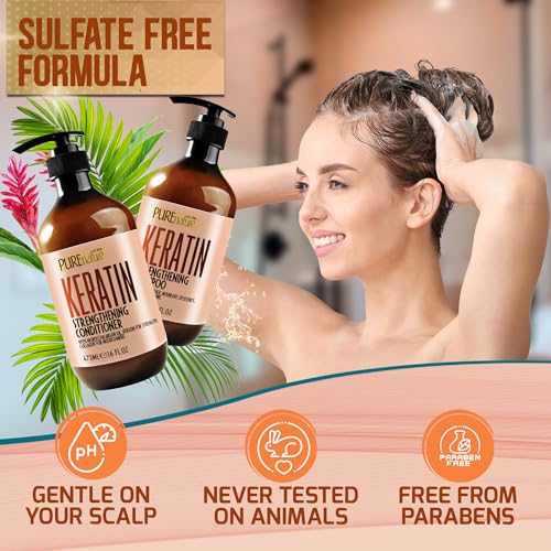 Image of Keratin Shampoo and Conditioner Set - Sulfate and Paraben Free Treatment for Dry Hair - Anti Frizz, Collagen Enriched Formula for Curly or Damaged Hair - Safe for Men and Women with Color Treated Hair