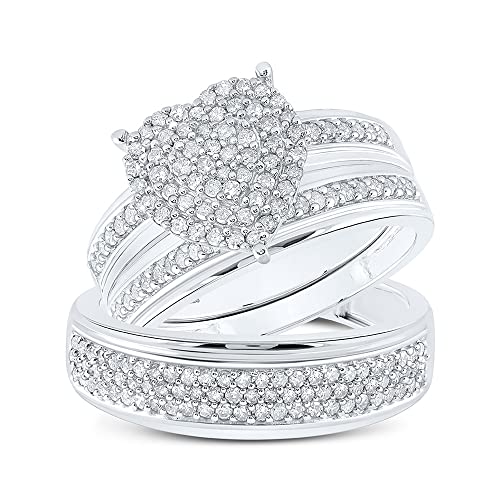 Solid 925 Sterling Silver His and Hers Trio Three Rings Set Real Natural Diamond Heart Matching Rings Wedding Band Set 7/8 Carat (.88 Cttw)