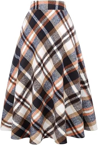 Women's Long Plaid Wool Skirt Fall Winter High Waist A-line Pleated Wool Tartan Skirts