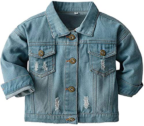 Cromoncent Baby Boys Girls Kids Toddler Distressed Denim Jacket Button Down Long Sleeve Jean Coat Outerwear with Pockets Light Blue 2-3T
