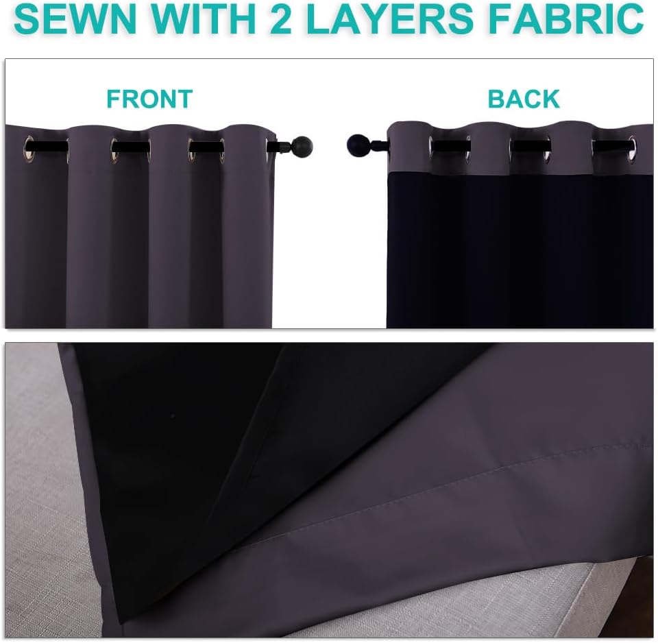 100% Blackout Lined Curtains, Greyish Purple, 1 Pair, 62" Width x 63" Length Each Panel, 2 Thick Layers Completely Blackout Window Treatment Thermal Insulated Drapes for Kitchen/Bedroom thumbnail