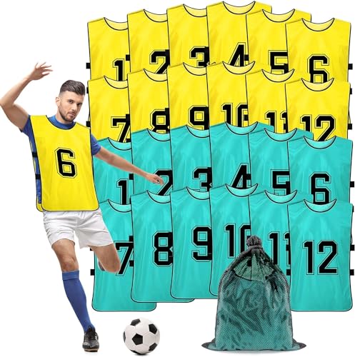 24 pezzi Scrimmage Vest Calcio Pinnies Training Pennies Calcio Maglie Giovani Pratica Squadra Giovani Gilet Sport Bavaglini per Adulti Giovani Sport Basket, Calcio, Pallavolo, giallo, verde, 47x70cm