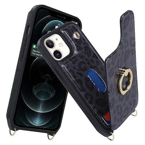 Image of for iPhone 12 Mini Case with Card Holder and Strap for Women,Crossbody Lanyard,Kickstand Ring Stand,Snap Clasp,RFID Blocking,Cute Phone Wallet Cases 5.4 inch(Black Leopard)