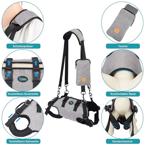 Ownpets Tragehilfe Geschirr, Hebegeschirr für kleine Hunde, Tragtuch für kleine Haustier, Ganzkörpergeschirr, Hunde Tragetasche mit Schultergurt, Weich, Wasserdicht, Einstellbar, Grau, L