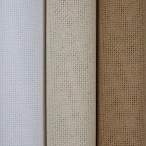 Image of KCS 3 pc of 15 inch x 18 inch(38cmx45cm) Counted Cross Stitch Cotton Aida Cloth Needlework Rolled Fabric Box,14CT,White+Oatmeal+Khaki