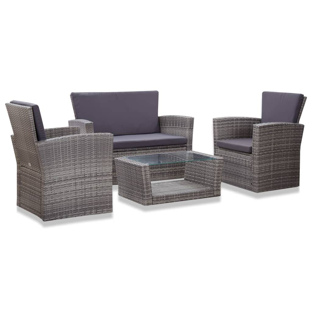 Set Muebles de Jardín 4 Piezas Vidrio Mesa y Sillas para Exterior Terraza Conjunto Muebles de Moda de Comedor Ratán Sintético Gris