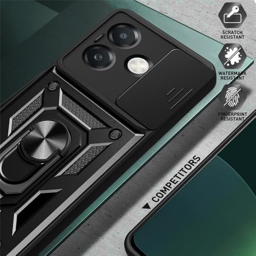 Image of Heavy Duty Back Case Cover for Oppo A3X 5G, Shockproof Oppo A3X Back Cover, Ring Case with Kickstand and Camera Protection Shutter - Black