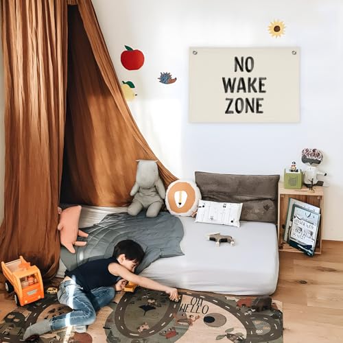 Image of Kids Room Decor No Wake Zone Surf Nursery Playroom Decor Canvas Banner,Coastal Baby Room Decor,Beach Nursery Decorations,Lake House Nautical Wall Hanging Flag Canvas Banner 30x20 Inch