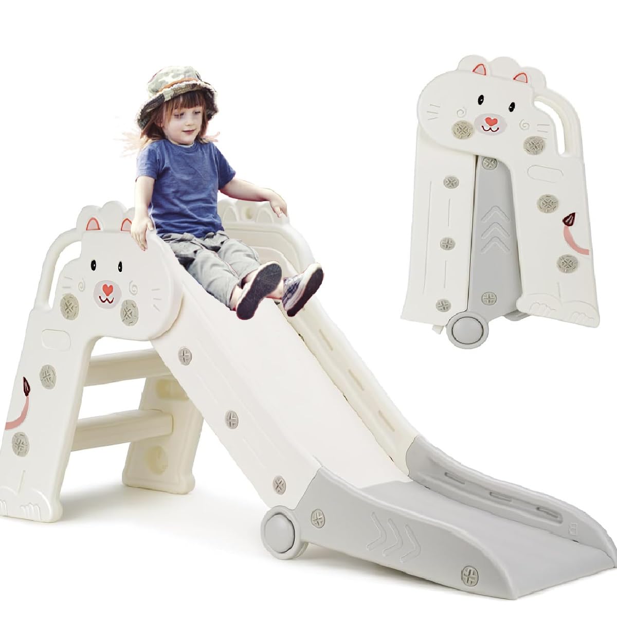 Toddler Slide, Indoor Outdoor Foldable Kids Slide Cute Freestanding Baby Climber Playset Portable Easy to Store Set Up, Anti-slip Steps Climber Exercise Toy for Age 1-3 Children Activity Game