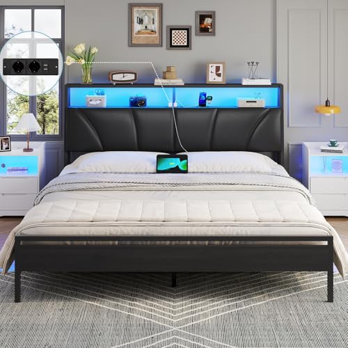 Brinlawb Bett 180x200 mit Lattenrost aus Metall, Doppelbett 180x200 cm mit LED Beleuchtung, Bettgestell 180x200cm Bett mit Kopfteil und Ladestation (2...