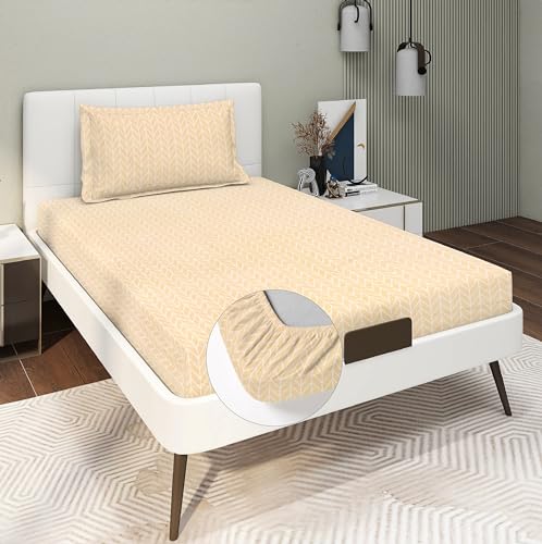 Image of RD TREND Presents Luxurious Glace Cotton Super Soft 210 TC 360 Elastic Fitted Bedsheets Single Bed Size (72 x 48 x 8 Inch) with 1 Pillow Cover Size (28 x18), Color- Beige, Solid