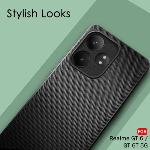 Image of TheGiftKart Back Cover Case for Realme GT 6 / GT 6T 5G | Slim & Lightweight | Ultra-Premium Design | Camera Protection Bump | Fabric Texture Case Cover (PC & TPU, Black)