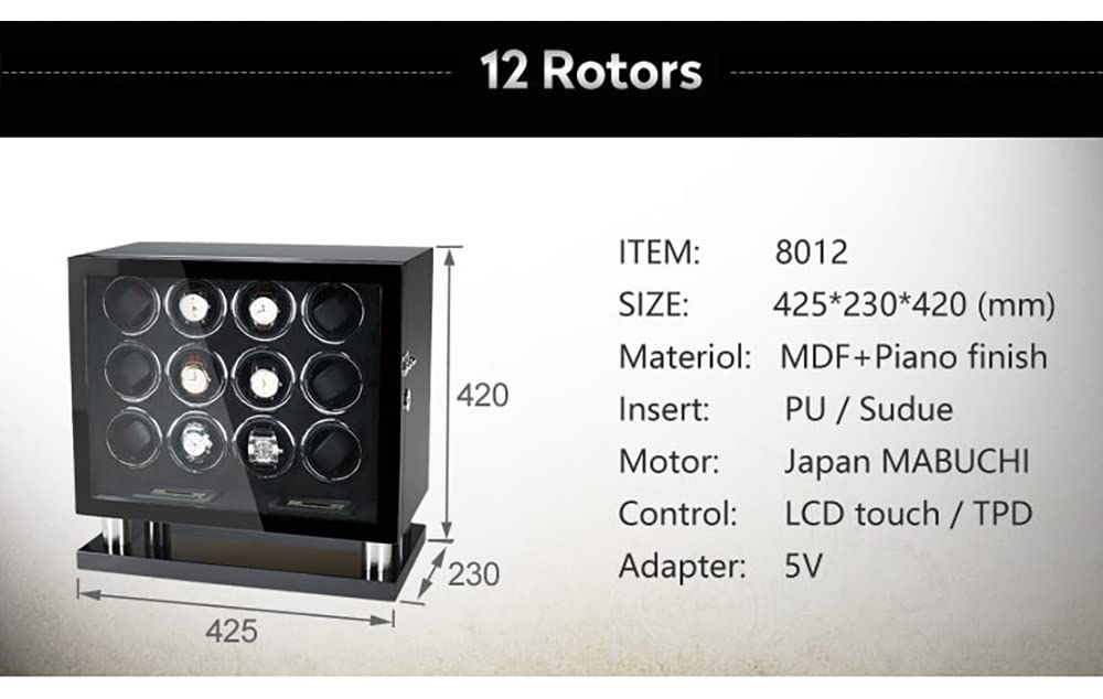 Caricatori per Orologi per 6, 8, 12, 16 Orologi Illuminazione e Controllo Touchscreen LCD Custodia in Legno per Orologi da Polso con Motore Silenzioso Scatola espositiva ，Black+Brown-8+0